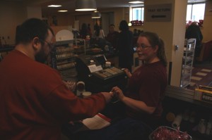 A hungry lobbyist-in-training pays for lunch with a meal ticket, courtesy of the Maine People's Alliance. MPA bought lunch for the roughly 75 to 100 amateur lobbyists who attended their Lobbyist Training rally in Augusta.