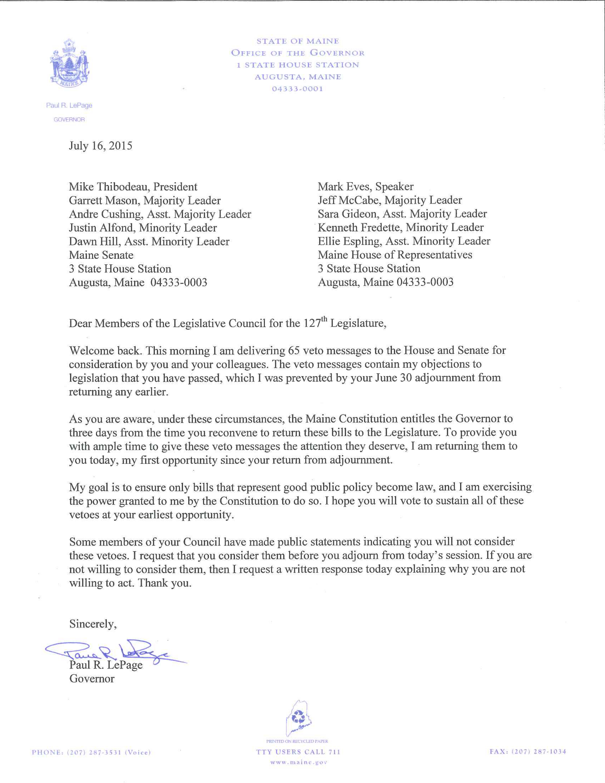Governor's Letter to Legislative Council RE 65 Vetoes 7.16.15