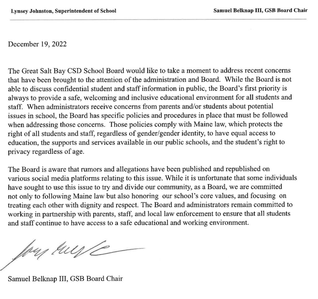 Maine School Board Issues Statement on Secret Gender Transition for 13-Year-Old