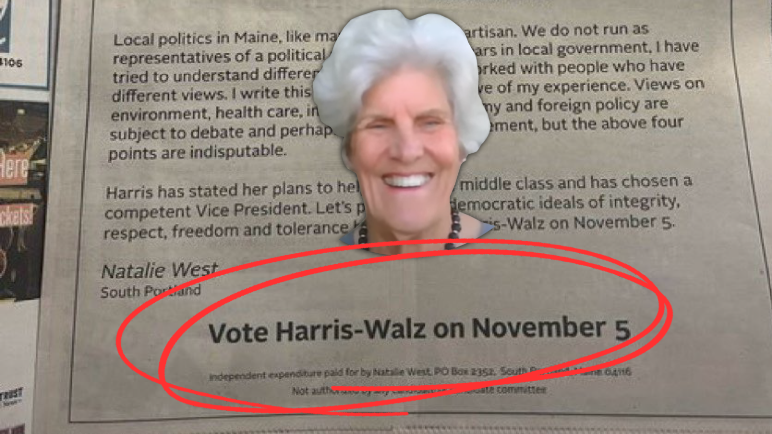 South Portland City Councillor Takes Out Full Page Newspaper Ad Urging People to Vote for Kamala